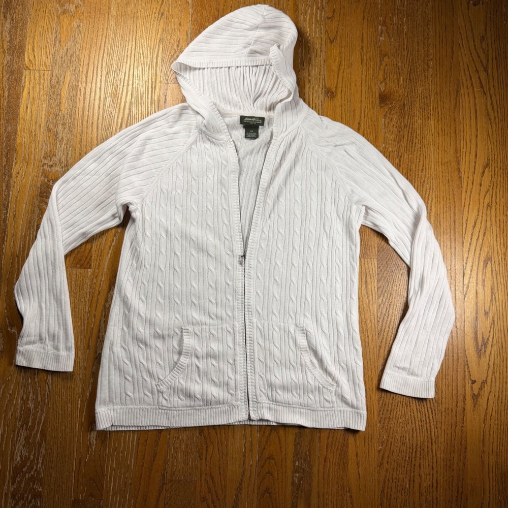Eddie Bauer White Cable Knit Full Zip Hoodie Sweater Ramie Cotton Blend Womens L